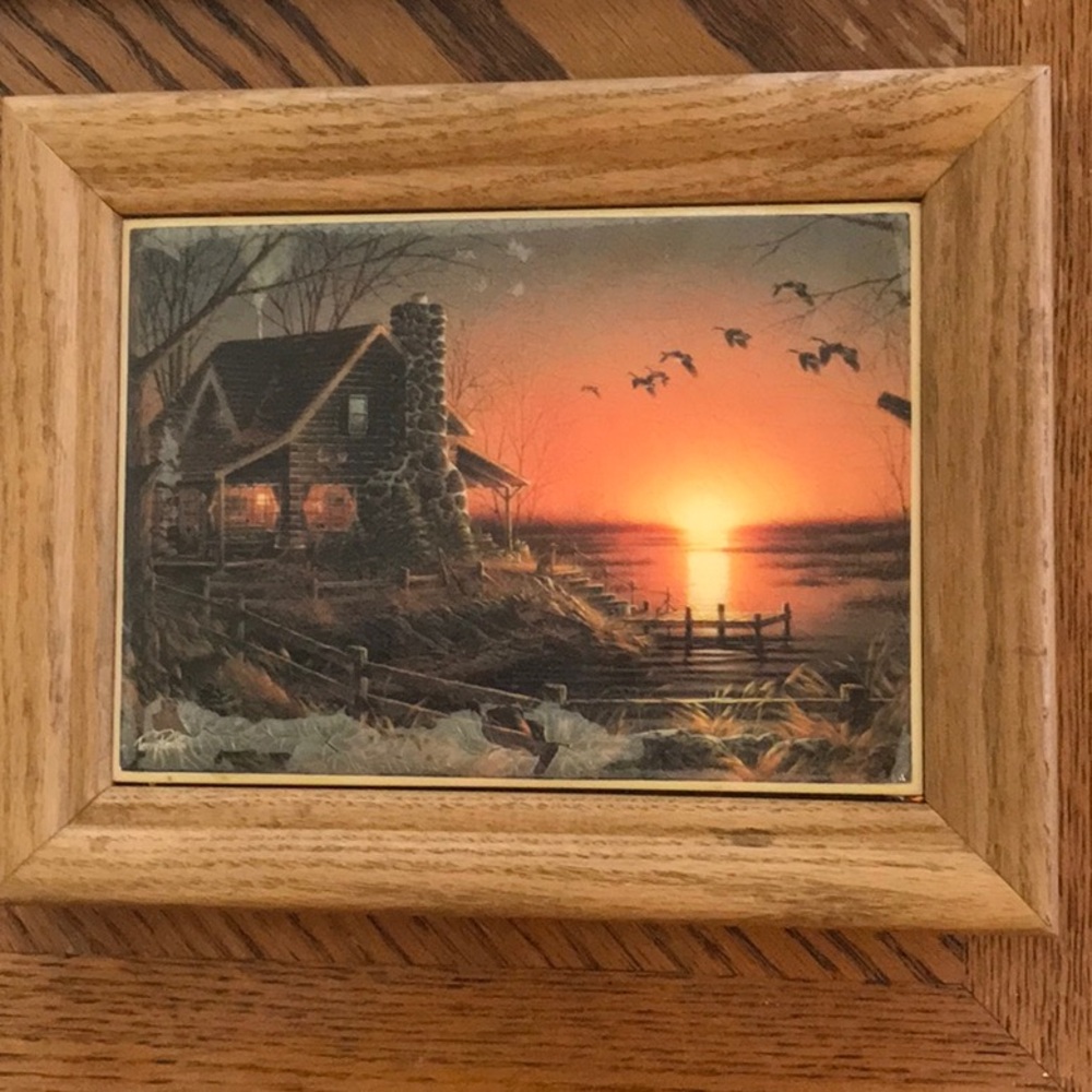 Small Terry Redlin framed tile  Comforts of Home Oak tile.